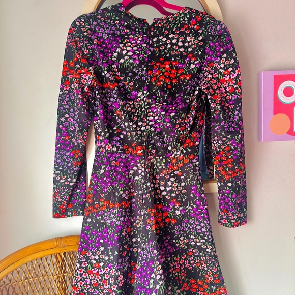 60s 70s Fit & Flare Psychedelic Red and  Purple Floral Black Dress - Picture 6 of 6